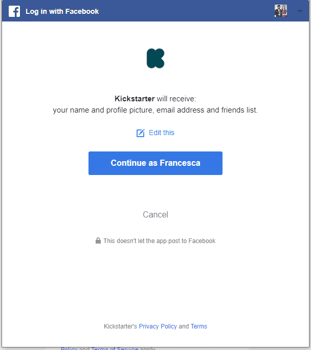 Kickstarter FB signup screenshot - Facebook as Identity Provider