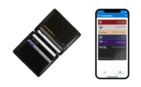 A wallet with identity cards next to a wallet app by Microsoft