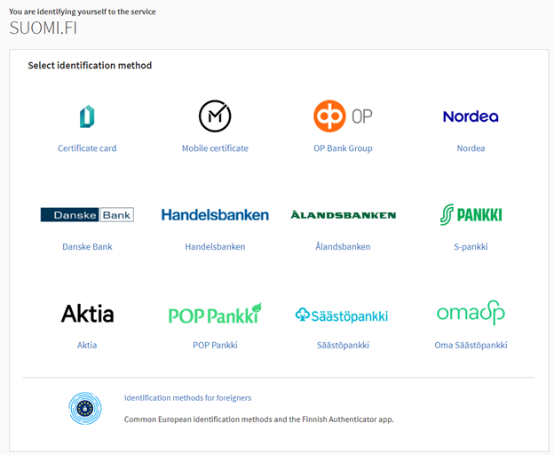 Suomi.fi identifying service screen for selecting the users identification method 