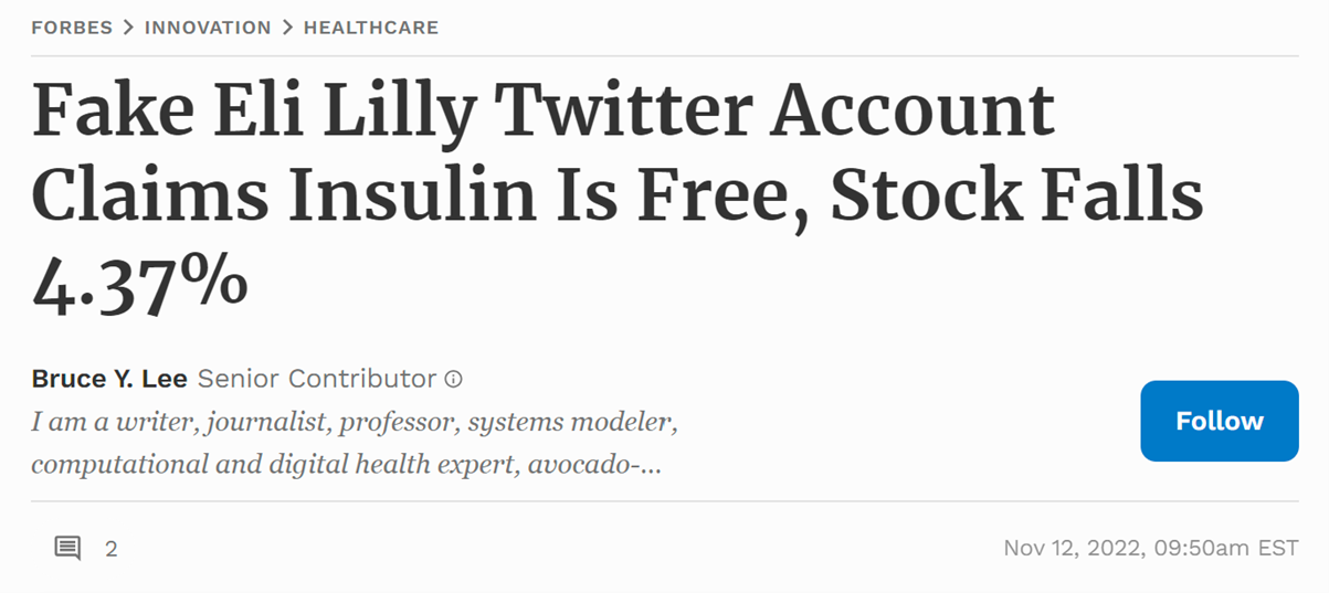 fake Eli Lilly Twitter account article snippet
